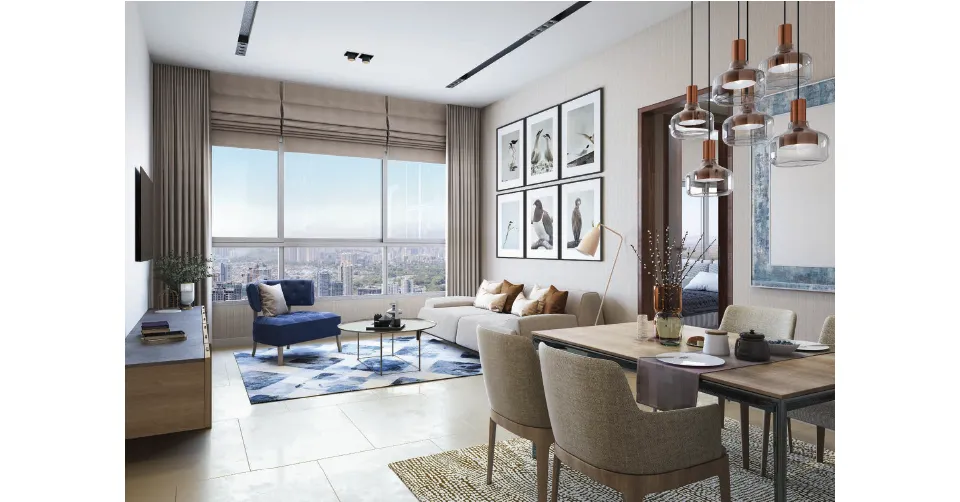 Living room with orange sofa and wooden partition