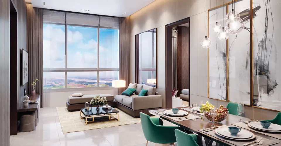 Elegant living room with blue ottoman