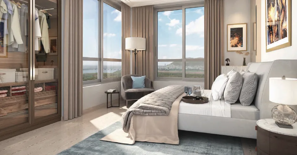 Living room with orange sofa and wooden partition